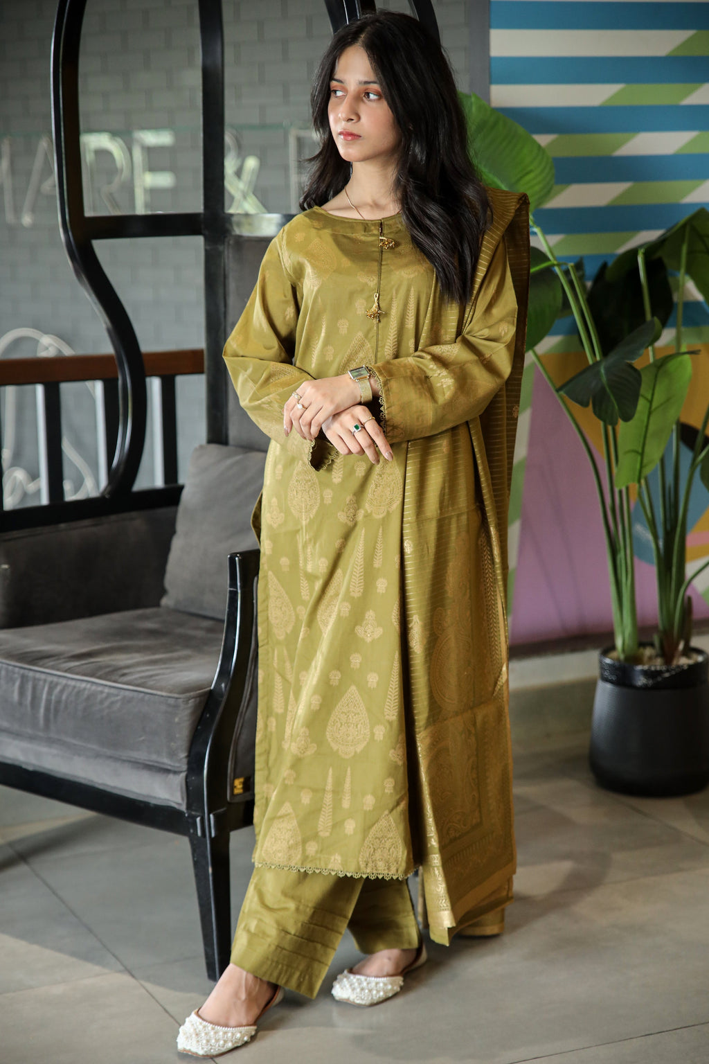 Fancy Lawn Brosha with Plain Trouser and Banarsi Lawn Dupatta