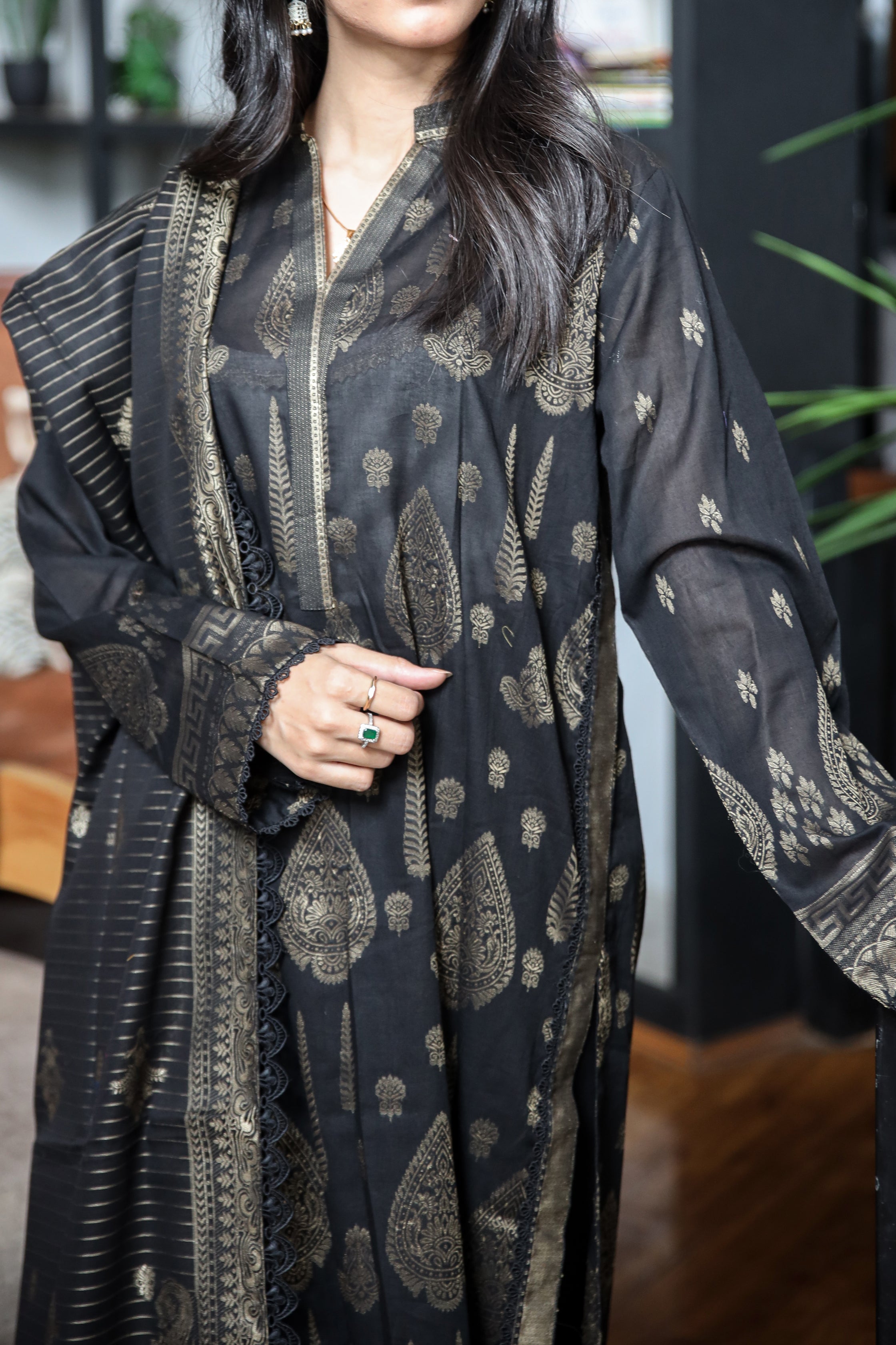 Fancy Lawn Brosha with Plain Trouser and Banarsi Lawn Dupatta