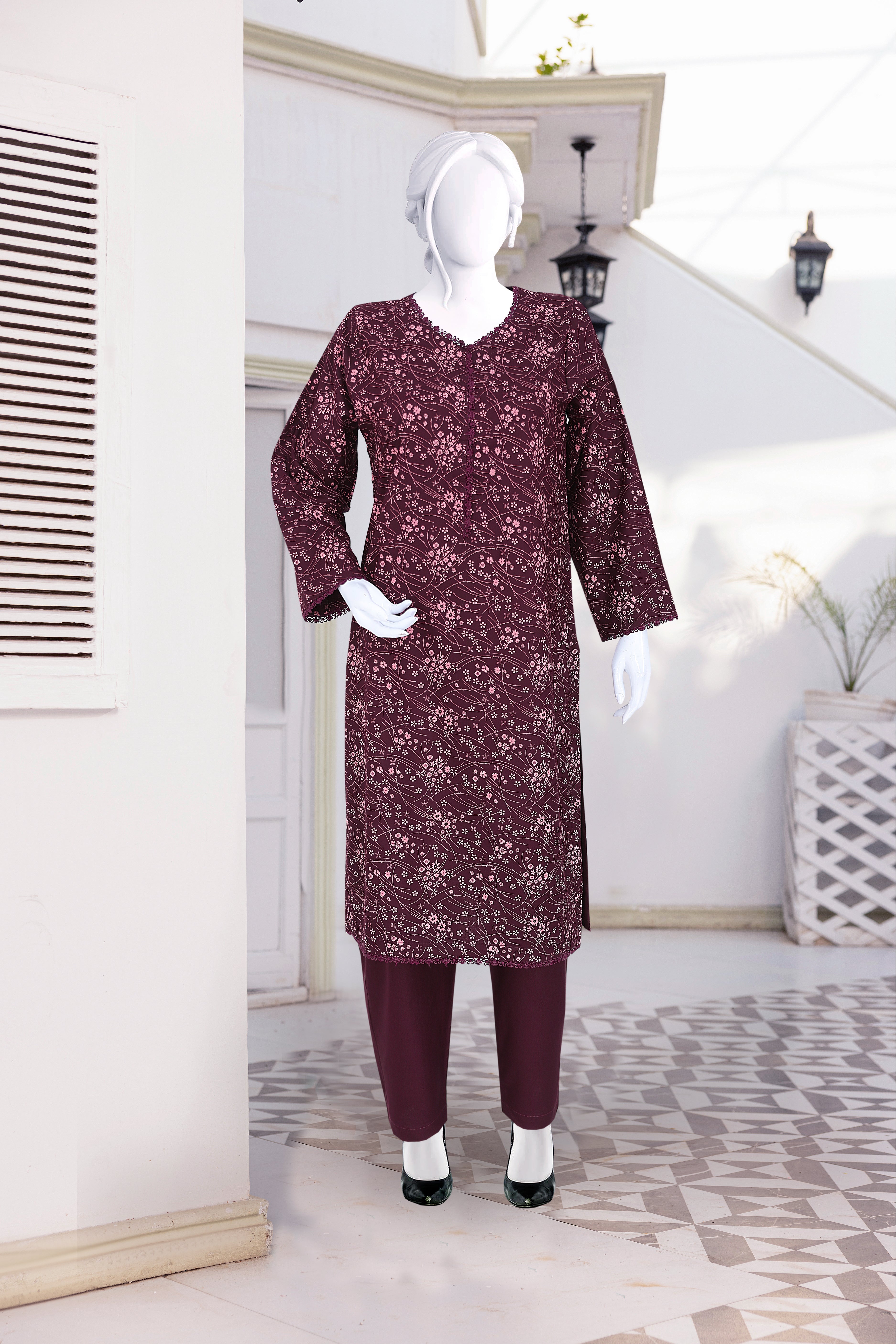 AlKaram Dhanak 2 Piece Beautiful Leaf Pattern With Plain Trouser