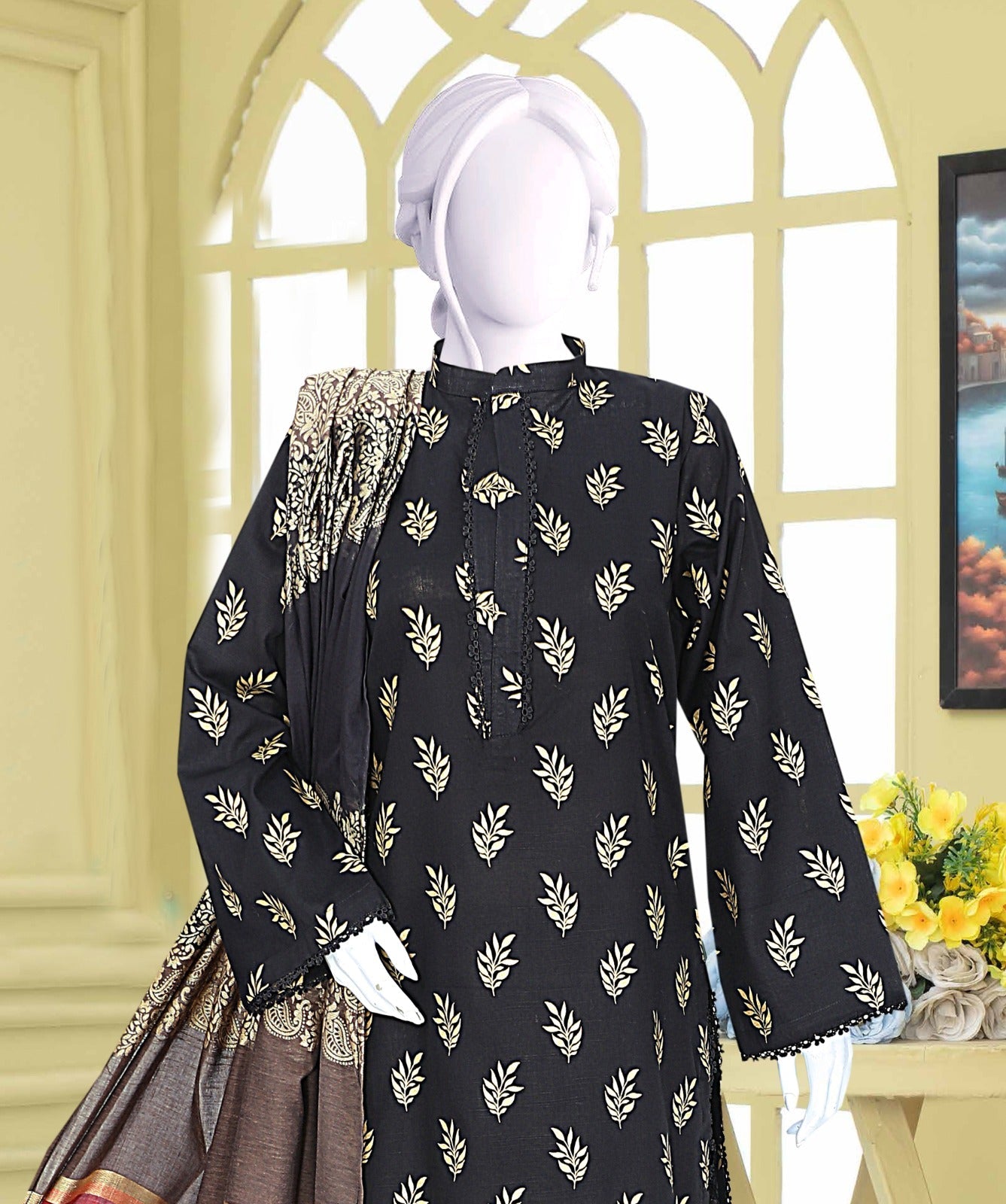 AlKaram Khaddar 3 Piece with Matching Trouser and Banarsi Tilla Shawl