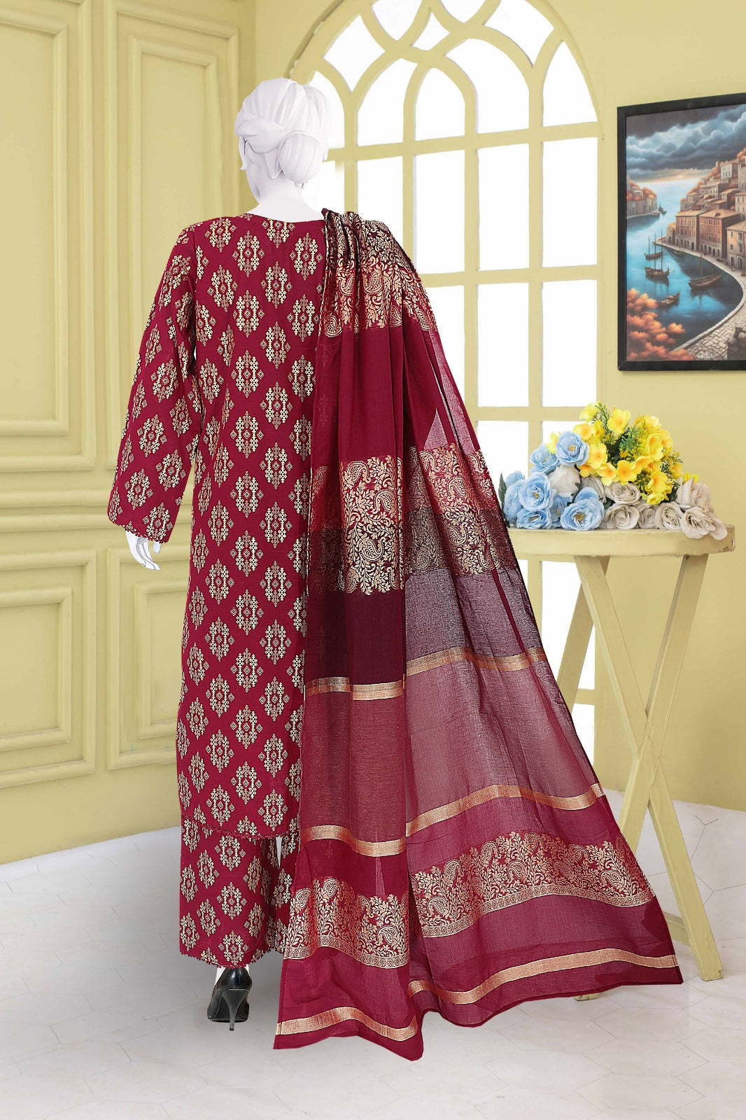 AlKaram Khaddar 3 Piece with Matching Trouser and Banarsi Tilla Shawl