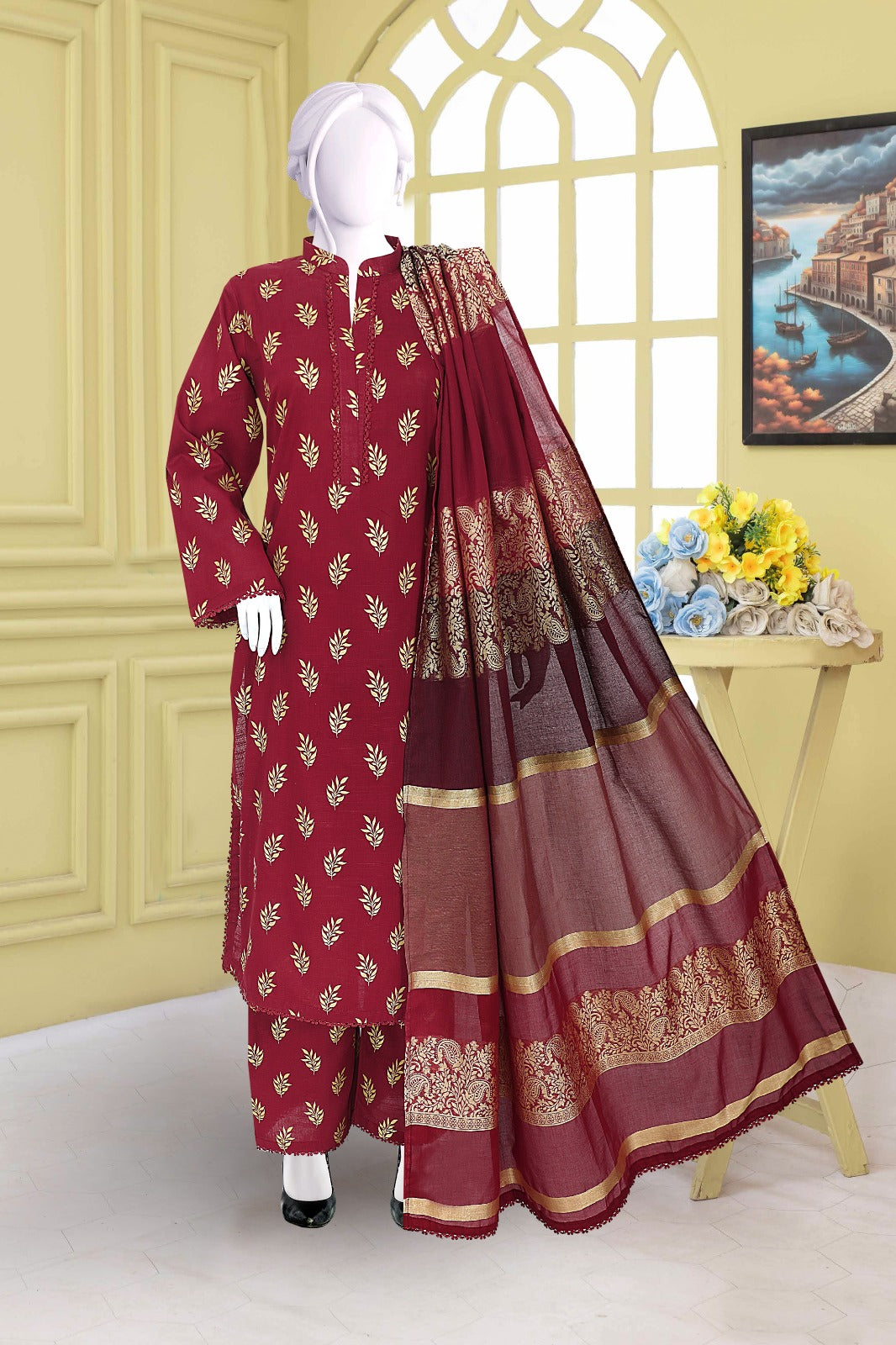 AlKaram Khaddar 3 Piece with Matching Trouser and Banarsi Tilla Shawl