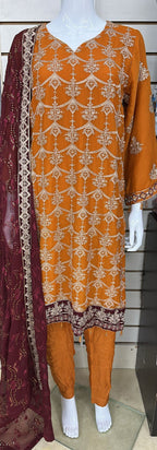 Breeze Exclusive Embriodery Shirt with Raw Silk Trouser and Embriodery Contrast Dupatta