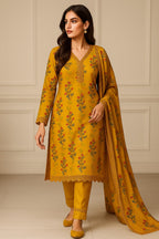 Khaddar 3 Piece with Plain Trouser and Matching Print Dupatta