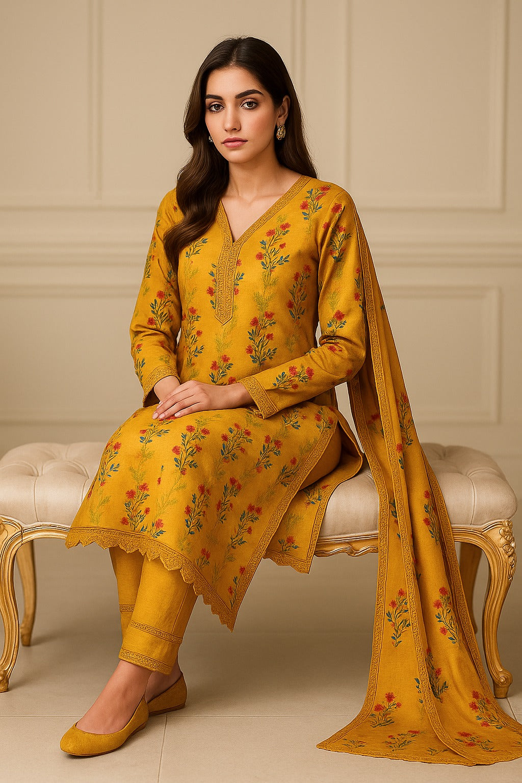 Khaddar 3 Piece with Plain Trouser and Matching Print Dupatta
