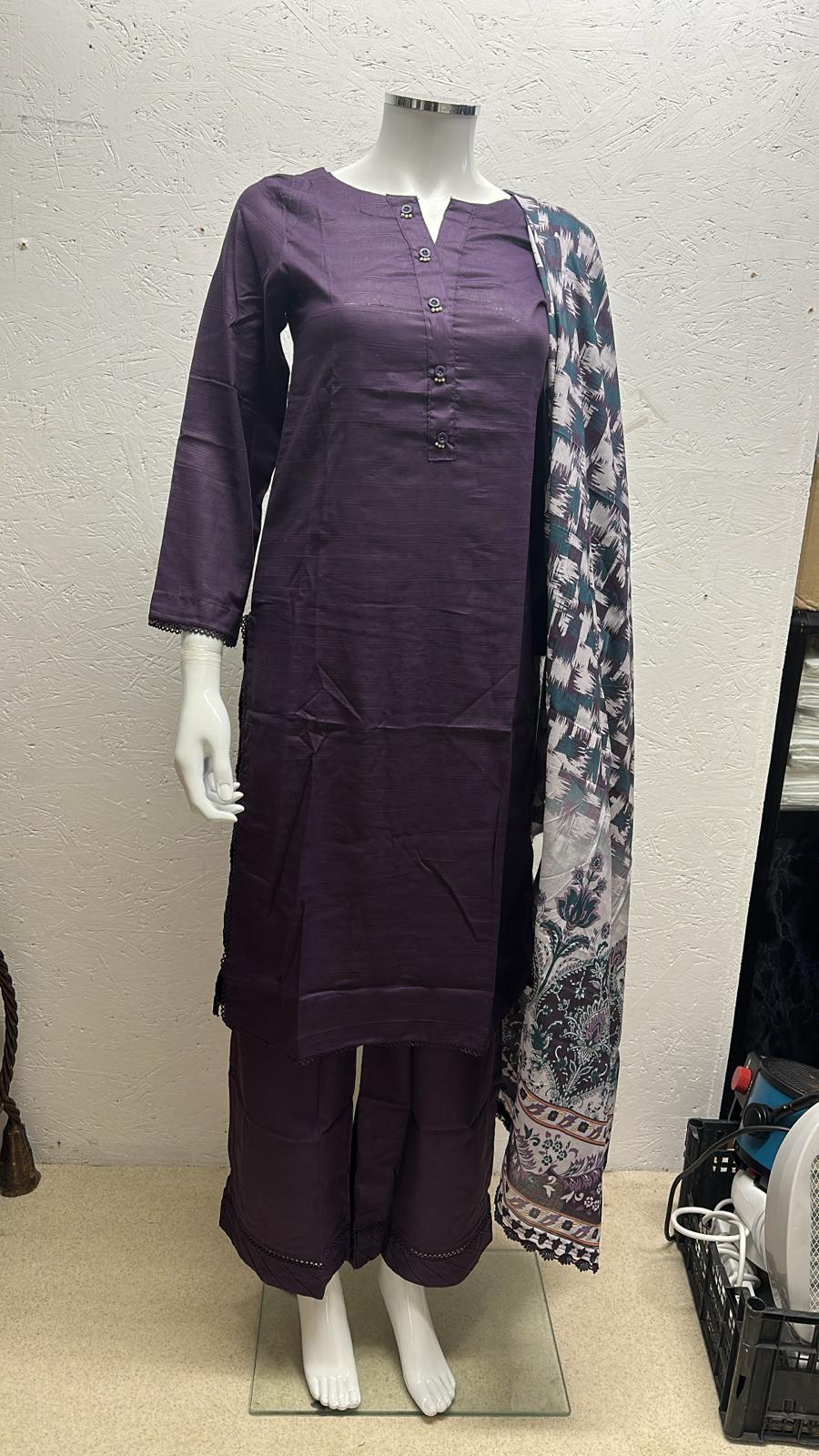 Slub Lawn 3 Piece with Plain Trouser and Printed Lawn Dupatta